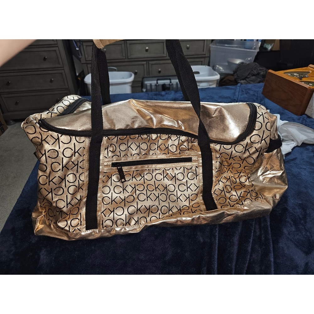 Calvin Klein Metallic Gold Monogram Logo Duffel Bag Travel Gym Weekender Carry